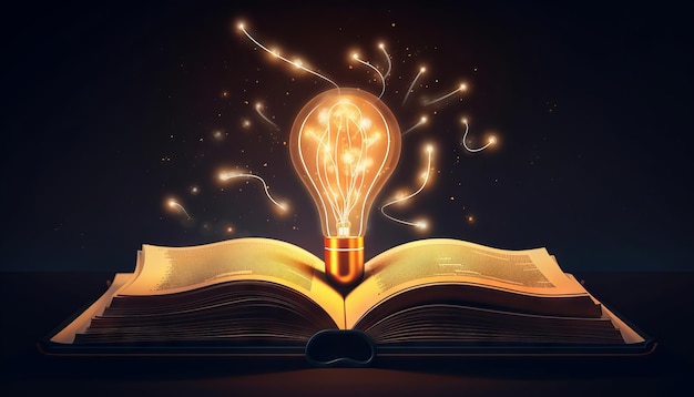 Icona del libro e della lampadina che brillano insieme simboleggiando gli effetti illuminanti e trasformativi dell'istruzione Generative ai