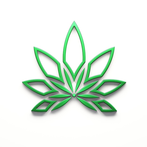 Icona del logo dell'erbaccia di colore verde foglia di marijuana o foglia di cannabis isolata su sfondo bianco 3D Render illustrazione