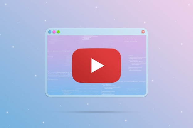 icona del logo di youtube nella finestra del browser con elementi del codice del programma 3d