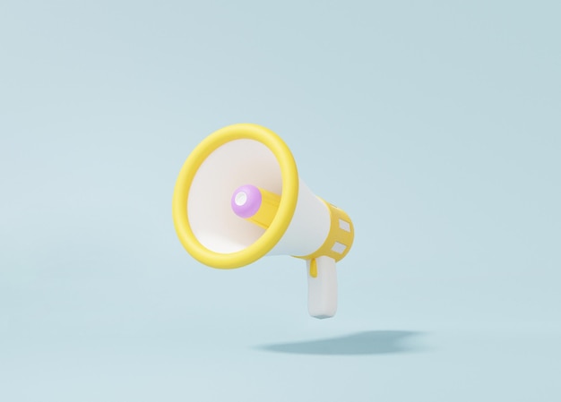 Icona del megafono giallo Concetto di comunicazione dell'amplificatore in stile cartone animato minimo su sfondo azzurro illustrazione di rendering 3d