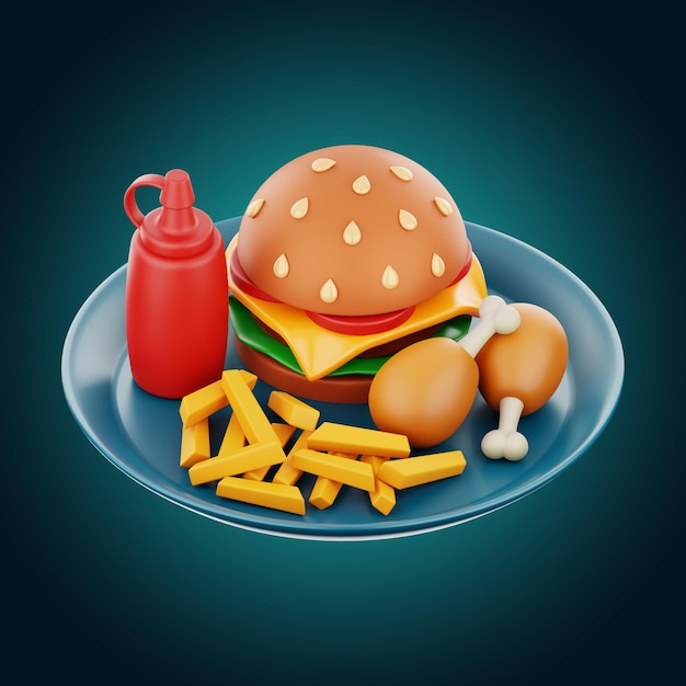 Icona del piatto di fast food fritto premium rendering 3d su sfondo isolato