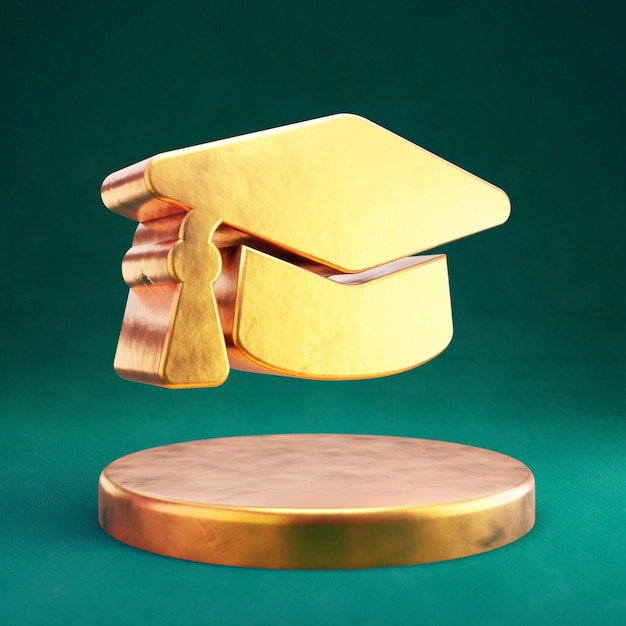 Icona del tappo di laurea. Simbolo del berretto di laurea Fortuna Gold con sfondo verde Tidewater. 3D ha reso l'icona dei social media.