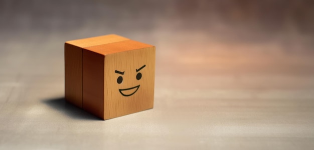 Icona del volto sorridente su un cubo di legno per Valutazione del servizio clienti livello di soddisfazione del cliente e concetto di sondaggio sulla soddisfazione
