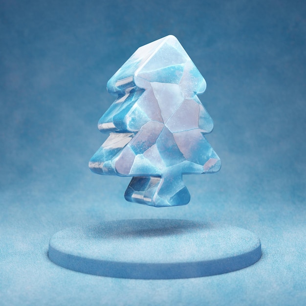 Icona dell'albero di Natale. Simbolo blu incrinato dell'albero di Natale del ghiaccio sul podio blu della neve. Icona social media per sito Web, presentazione, elemento modello di design. Rendering 3D.