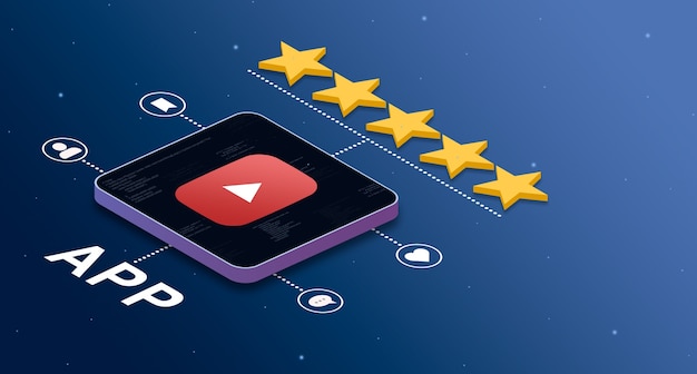 icona dell'applicazione youtube con una valutazione a 5 stelle e badge di attività social 3d