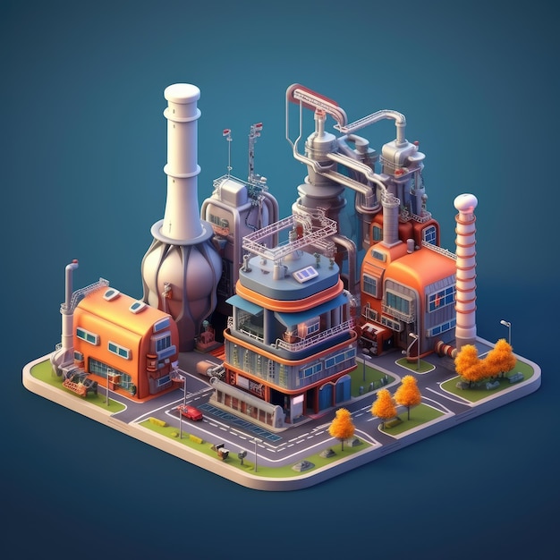 Icona dell'illustrazione 3d di una vista isometrica della costruzione di una fabbrica