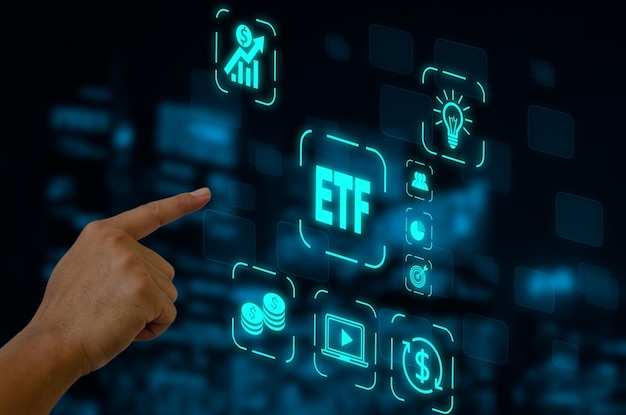 Icona dell'interfaccia futuristica virtuale digitale con schermo a sfioramento ETF Exchange Traded Fund Concetto di indice finanziario del mercato azionario aziendale