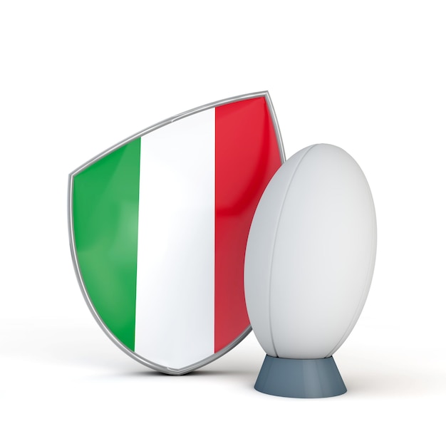 Icona della bandiera dello scudo di rugby dell'Italia con il rendering 3D della palla da rugby