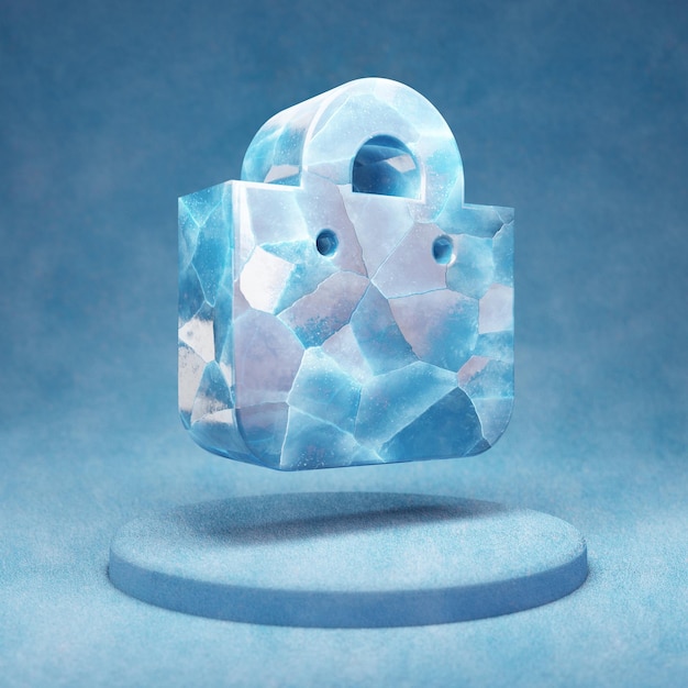 Icona della borsa della spesa. Simbolo blu incrinato del sacchetto della spesa del ghiaccio sul podio blu della neve. Icona social media per sito Web, presentazione, elemento modello di design. Rendering 3D.