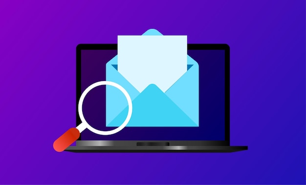 Icona della busta sullo schermo del portatile Foglio viola piatto nella busta icona della lente d'ingrandimento schermo del laptop Illustrazione vettoriale