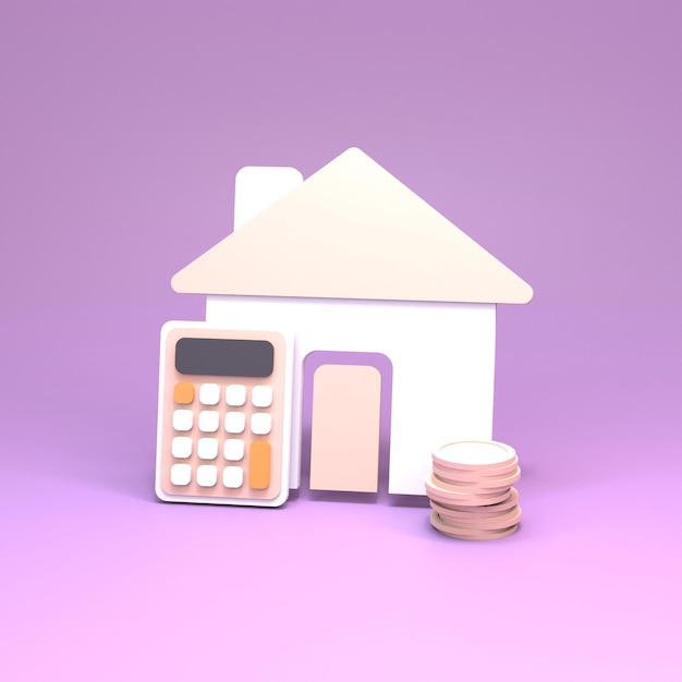 Icona della casa, calcolatrice e moneta con il simbolo del dollaro. illustrazione di rendering 3d