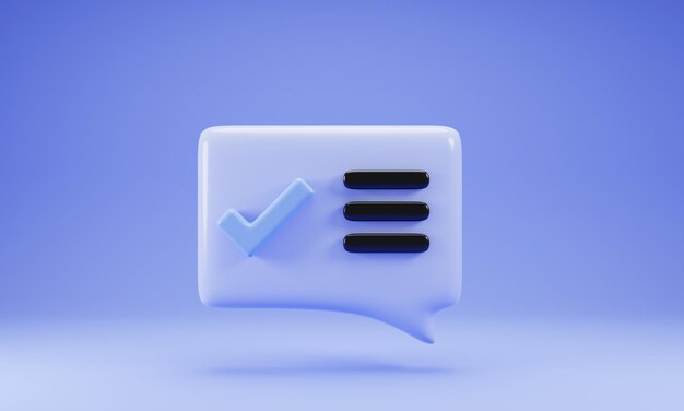Icona della chat a bolle di rendering 3D con l'illustrazione 3D del simbolo della lista di controllo