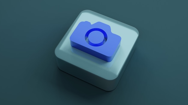 Icona della fotocamera su forma quadrata, rendering 3d