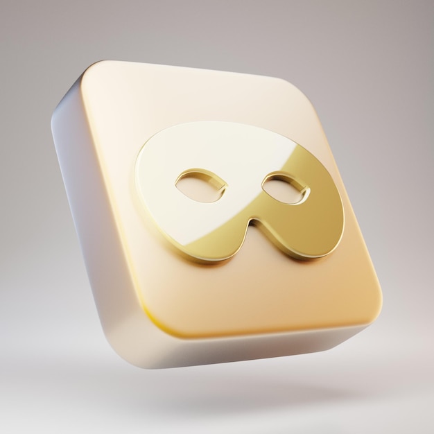 Icona della maschera. Simbolo della maschera d'oro su placca in oro opaco. 3D ha reso l'icona dei social media.