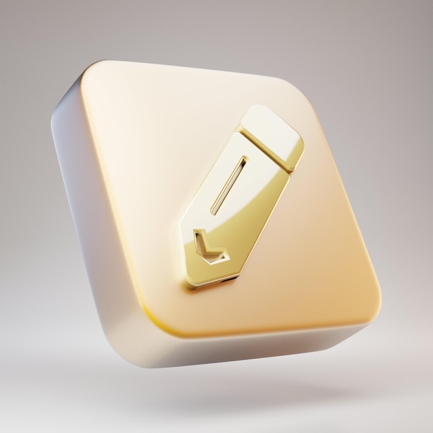 Icona della matita. Simbolo di matita dorata su placca in oro opaco. 3D ha reso l'icona dei social media.