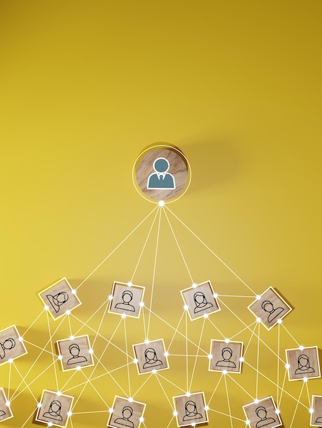 Icona della persona dello schermo di stampa del blocco del cubo di legno che collega la rete di connessione per la rete sociale della struttura dell'organizzazione e il concetto di lavoro di squadra