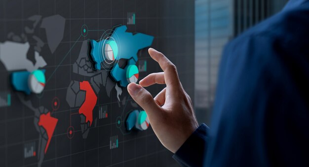 Icona della quota di mercato di tocco dell'uomo d'affari sullo schermo della mappa di mondo