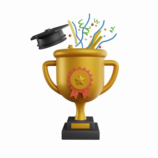 icona della tazza dorata 3D. Risultati nell'istruzione, premio di studio, studente di successo, eccellente accademico