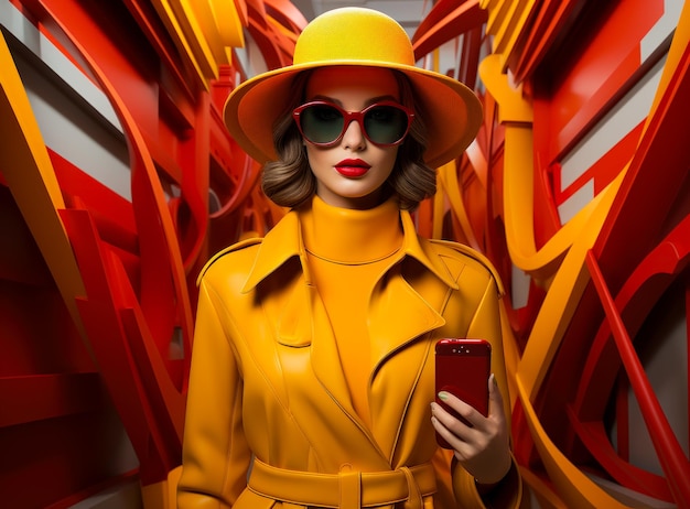 Icona dello shopping sullo schermo dello smartphone Una donna con un cappotto giallo e un cappello che tiene in mano un cellulare