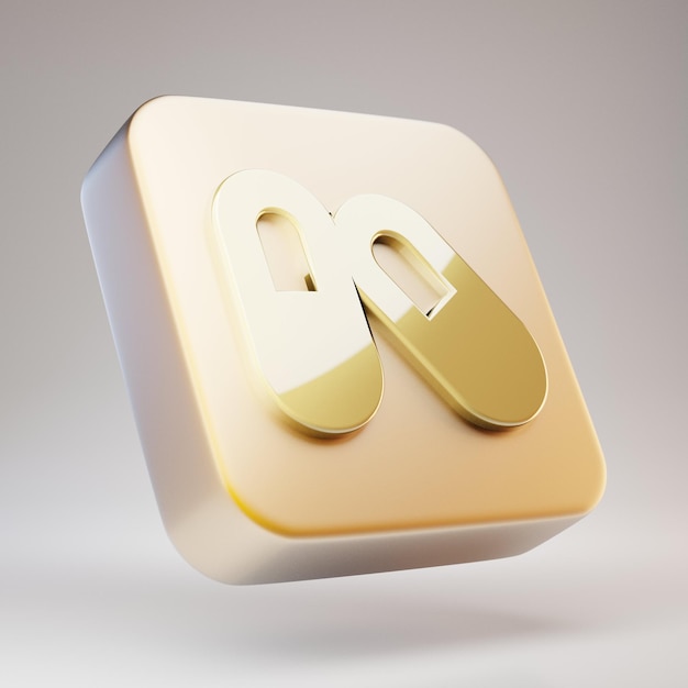 Icona di capsule. Simbolo delle capsule d'oro su placca in oro opaco. 3D ha reso l'icona dei social media.