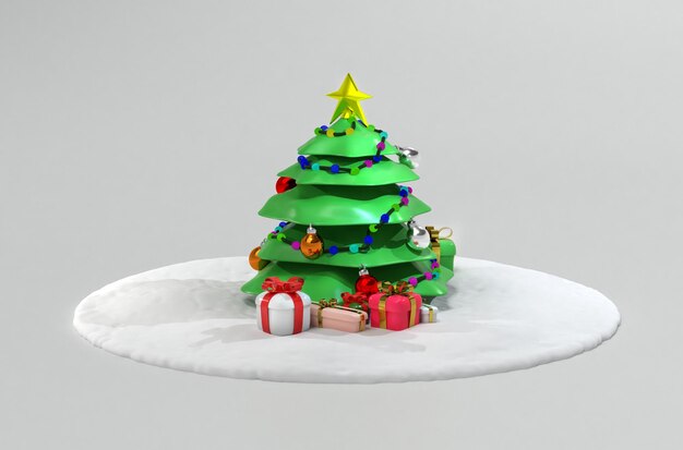 icona di cartone animato 3D albero di Natale con regali su uno sfondo grigio