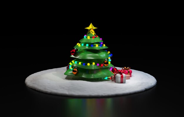 icona di cartone animato 3D albero di Natale con regali su uno sfondo scuro