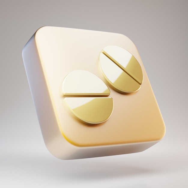 Icona di compresse. Simbolo di compresse d'oro su placcato oro opaco. 3D ha reso l'icona dei social media.