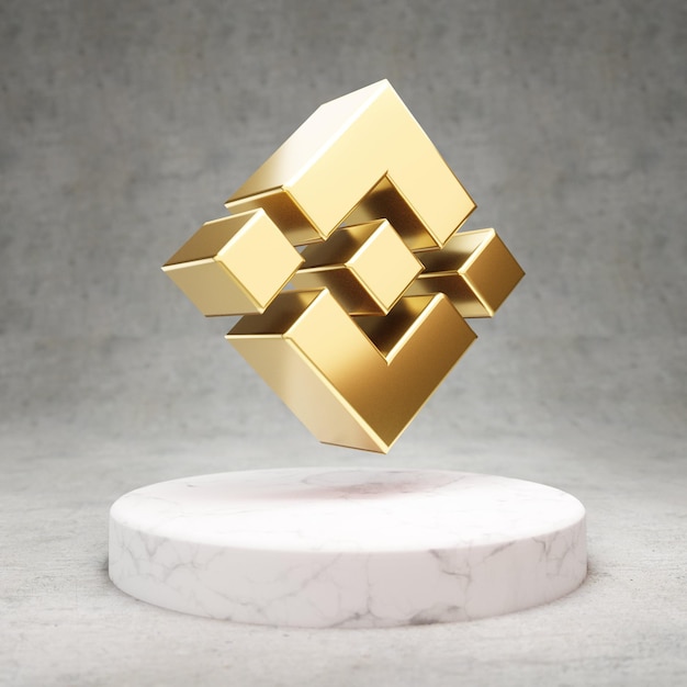 Icona di criptovaluta Binance. Simbolo di Binance con rendering 3d in oro sul podio di marmo bianco.