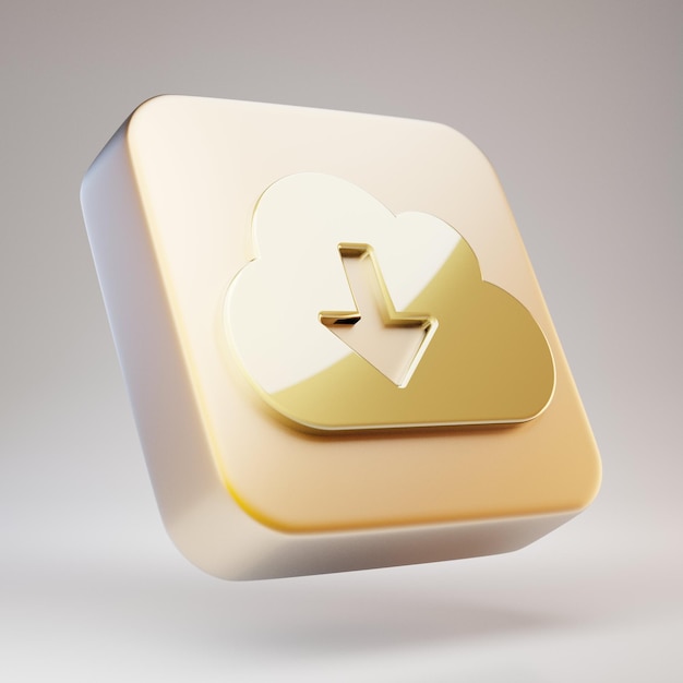 Icona di download della nuvola. Simbolo Golden Cloud Download su placcato oro opaco. 3D ha reso l'icona dei social media.