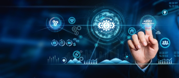 Icona di gestione delle risorse sul pulsante del concetto di internet tecnologia aziendale sullo schermo virtuale
