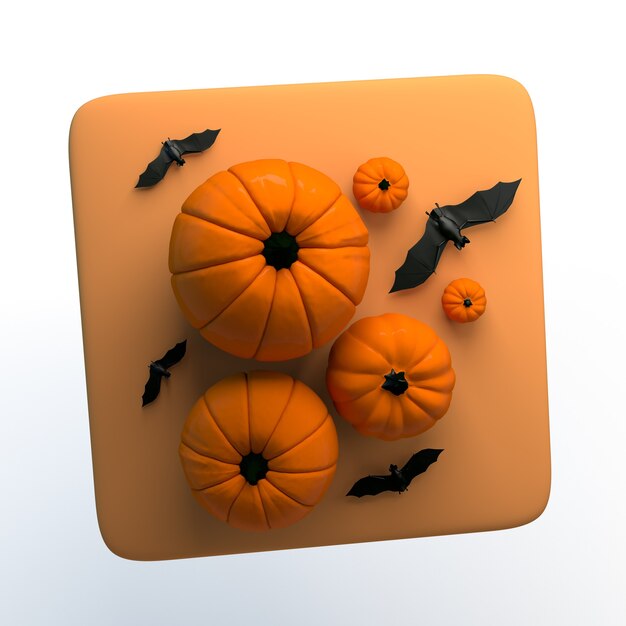 Icona di Halloween con zucche e pipistrelli su sfondo bianco isolato. illustrazione 3D. App.