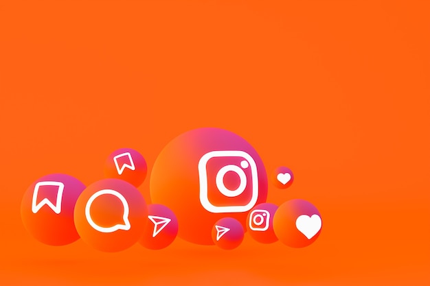 Icona di Instagram imposta il rendering 3d su sfondo arancione