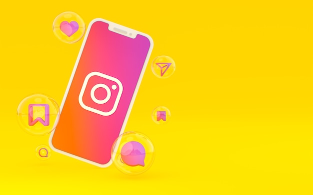 Icona di Instagram sullo schermo dello smartphone o del cellulare e le reazioni di instagram amano il rendering 3d 3