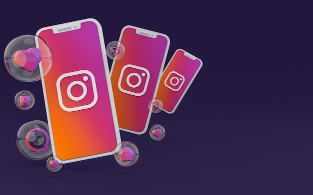Icona di Instagram sullo schermo dello smartphone o del cellulare e le reazioni di instagram amano il rendering 3d 3