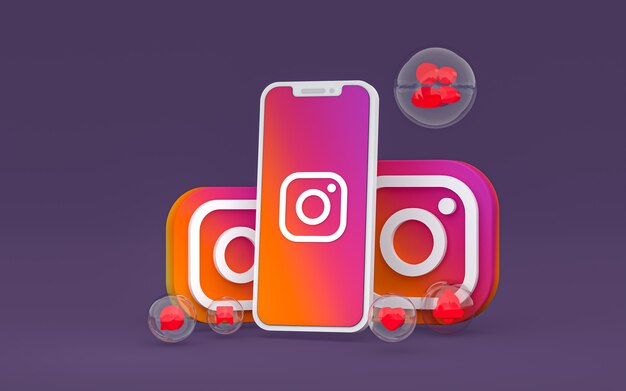 Icona di Instagram sullo schermo dello smartphone o del cellulare e le reazioni di instagram amano il rendering 3d 3