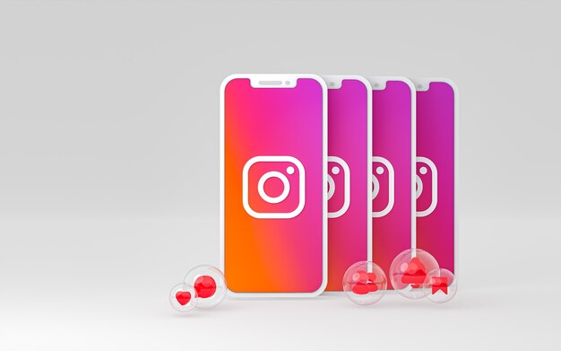 Icona di Instagram sullo schermo dello smartphone o del cellulare e le reazioni di instagram amano il rendering 3d 3