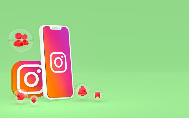 Icona di Instagram sullo schermo dello smartphone o del cellulare e le reazioni di instagram amano il rendering 3d 3