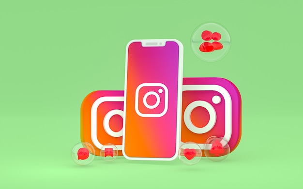 Icona di Instagram sullo schermo dello smartphone o del cellulare e le reazioni di instagram amano il rendering 3d 3