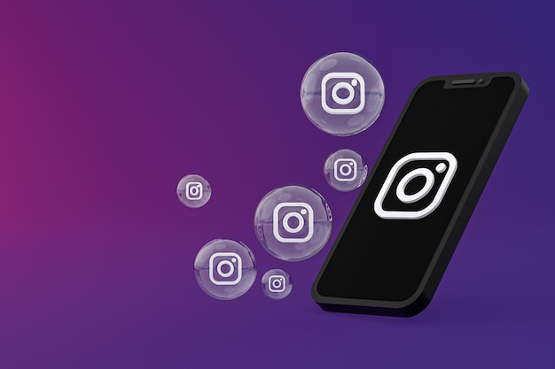 Icona di Instagram sullo schermo dello smartphone o del cellulare e le reazioni di instagram amano il rendering 3d su sfondo viola