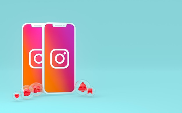 Icona di Instagram sullo schermo dello smartphone o del cellulare e le reazioni di instagram amano il rendering 3d