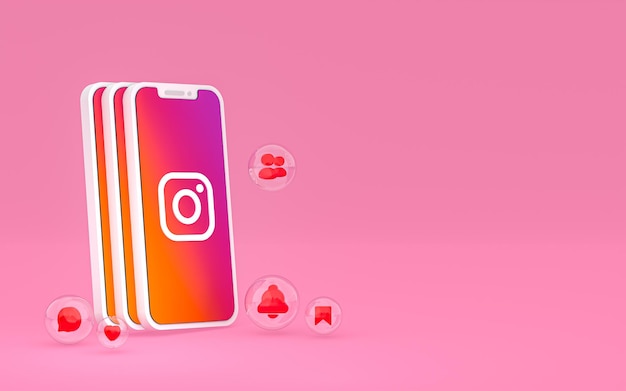 Icona di Instagram sullo schermo dello smartphone o del cellulare e le reazioni di instagram amano il rendering 3d