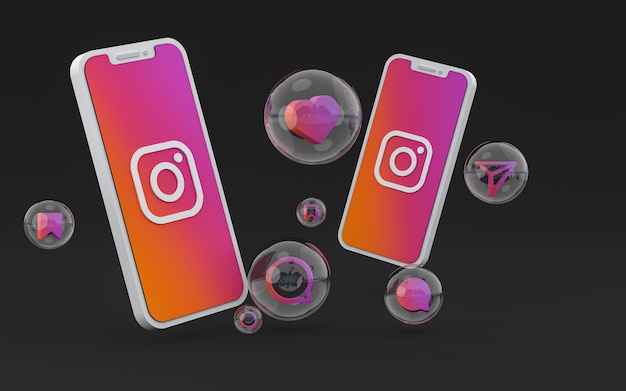 Icona di Instagram sullo schermo dello smartphone o del cellulare e le reazioni di Instagram amano il rendering