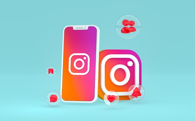 Icona di Instagram sullo schermo smartphone o mobile e reazioni di instagram render 3d