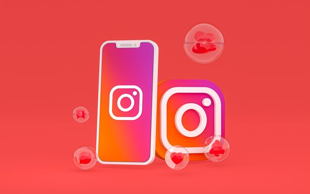 Icona di Instagram sullo schermo smartphone o mobile e reazioni di instagram render 3d