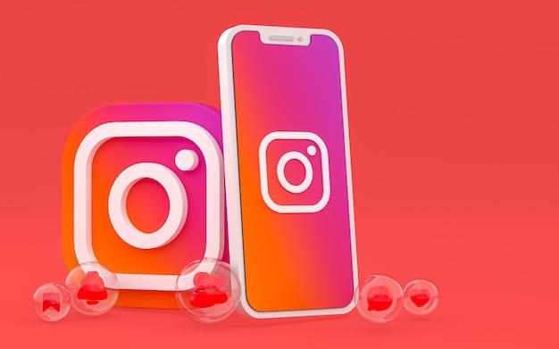 Icona di Instagram sullo schermo smartphone o mobile e reazioni di instagram render 3d