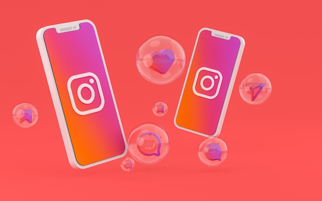 Icona di Instagram sullo smartphone dello schermo o su dispositivi mobili e le reazioni di Instagram amano il rendering 3d