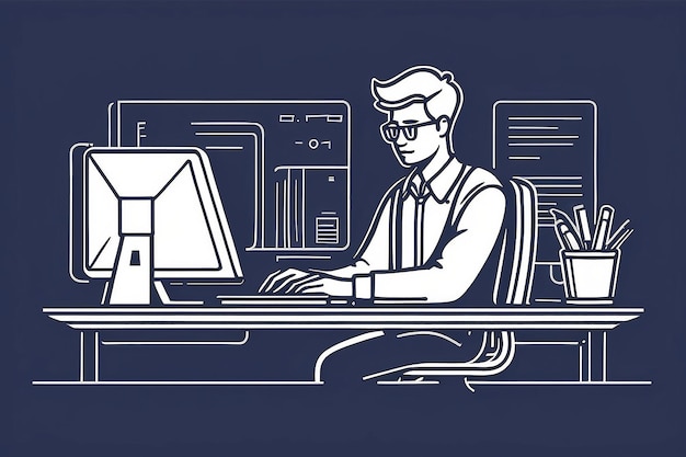 Icona di linea dello studente Illustrazione del contorno vettoriale di un uomo che lavora al computer