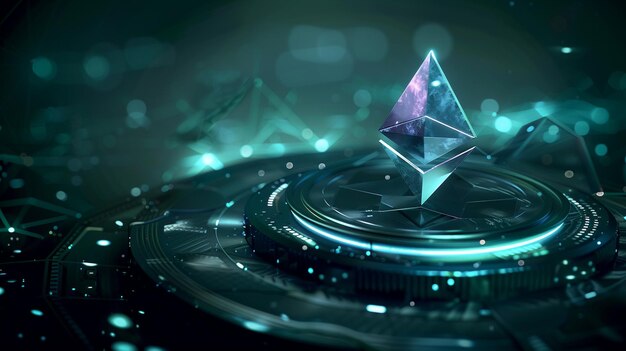 Icona di moneta virtuale Ethereum con effetti di luce luminosa per un concetto di transazioni di criptovaluta