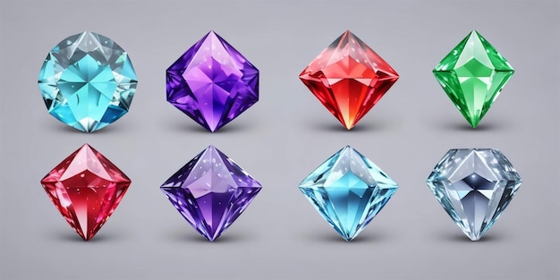 Icona di pietra preziosa di diamante realistica colorata e isolata incastonata in forme rotonde e colori diversi