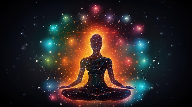 Icona di postura di loto dello yoga a forma di linee di connessione neurale colorate e sfondo binario a punti luminosi